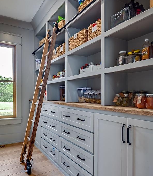 cottage style gray pantry cabinets