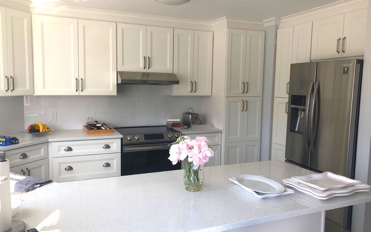 White Transitional Style Kitchen Cabinet Armoire de cuisine de style transitionnel blanc sonoma