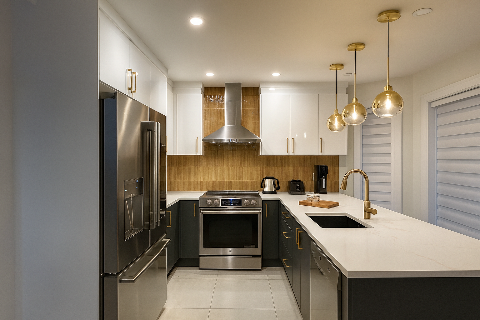 Rénovation d’une cuisine blanc lustré à Montréal avec des armoires modernes et des comptoirs en quartz