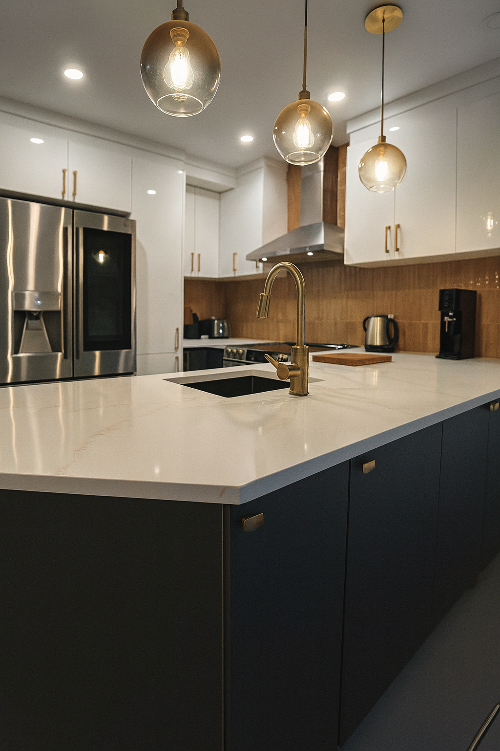 Gros plan sur le comptoir en quartz dans un projet de cuisine blanc lustré à Montréal